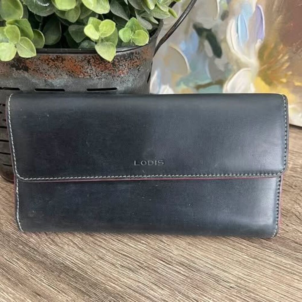 LODIS Audrey Black Leather Checkbook Clutch Wallet 7" Red Lining Trifold Flap